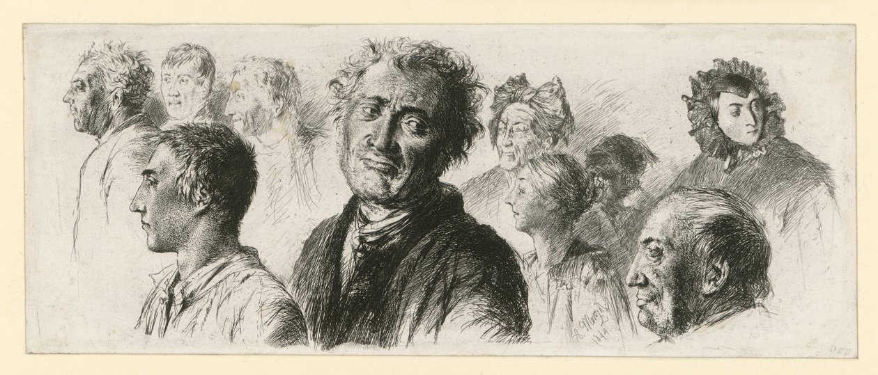 Hoja de estudios del manicomio. Diez cabezas, la mayoría mirando hacia la izquierda de Adolph Menzel