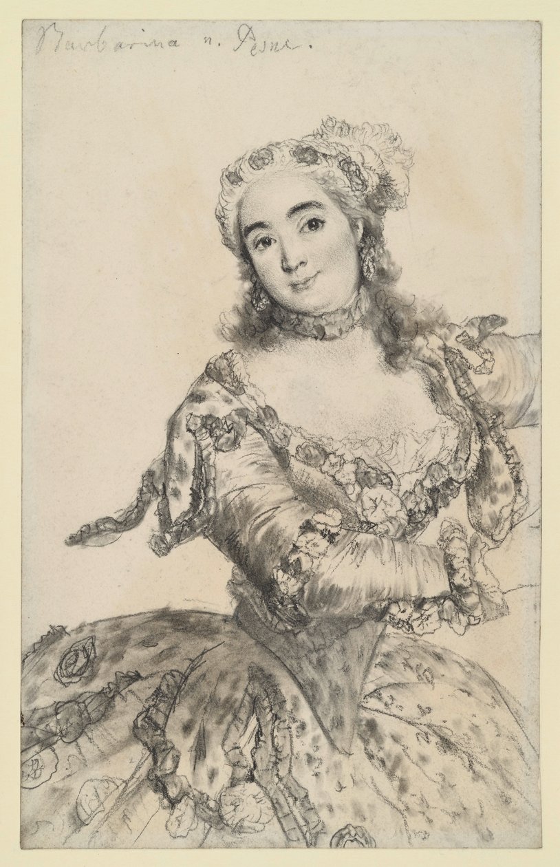 La bailarina Barbarina en movimiento de danza. Retrato hasta las rodillas de frente. Copia de Pesne en Sanssouci. de Adolph Menzel