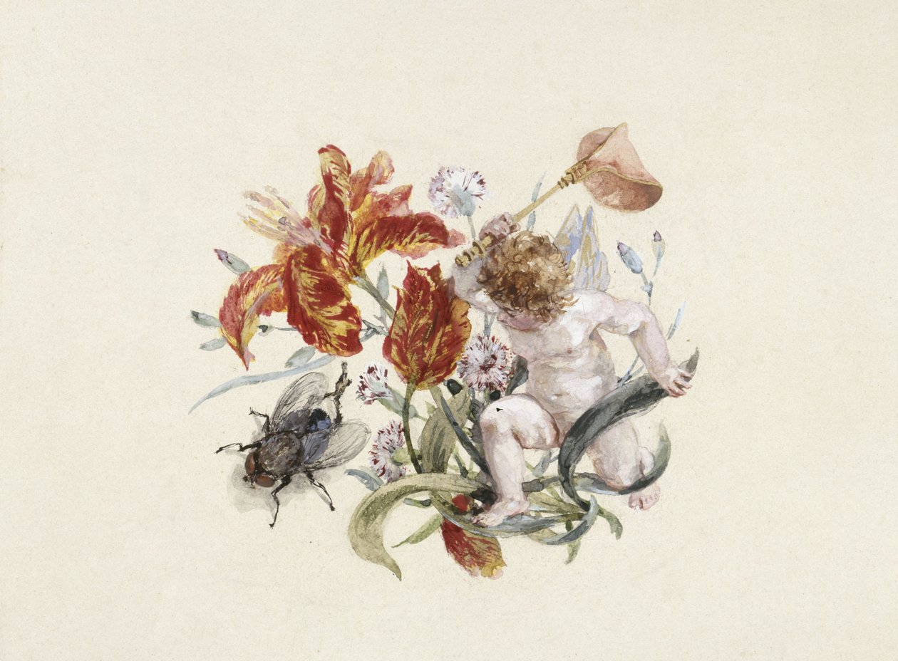 Vajilla de mesa: sopera, tapa con putto y mosca de Adolph Menzel