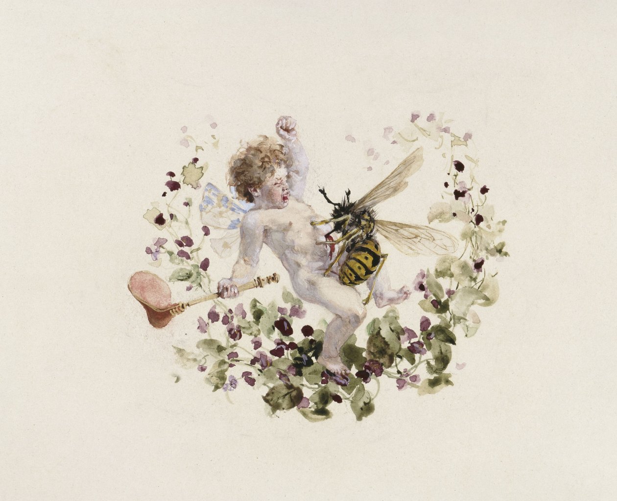Vajilla de mesa: sopera, tapa con un putto y una avispa de Adolph Menzel