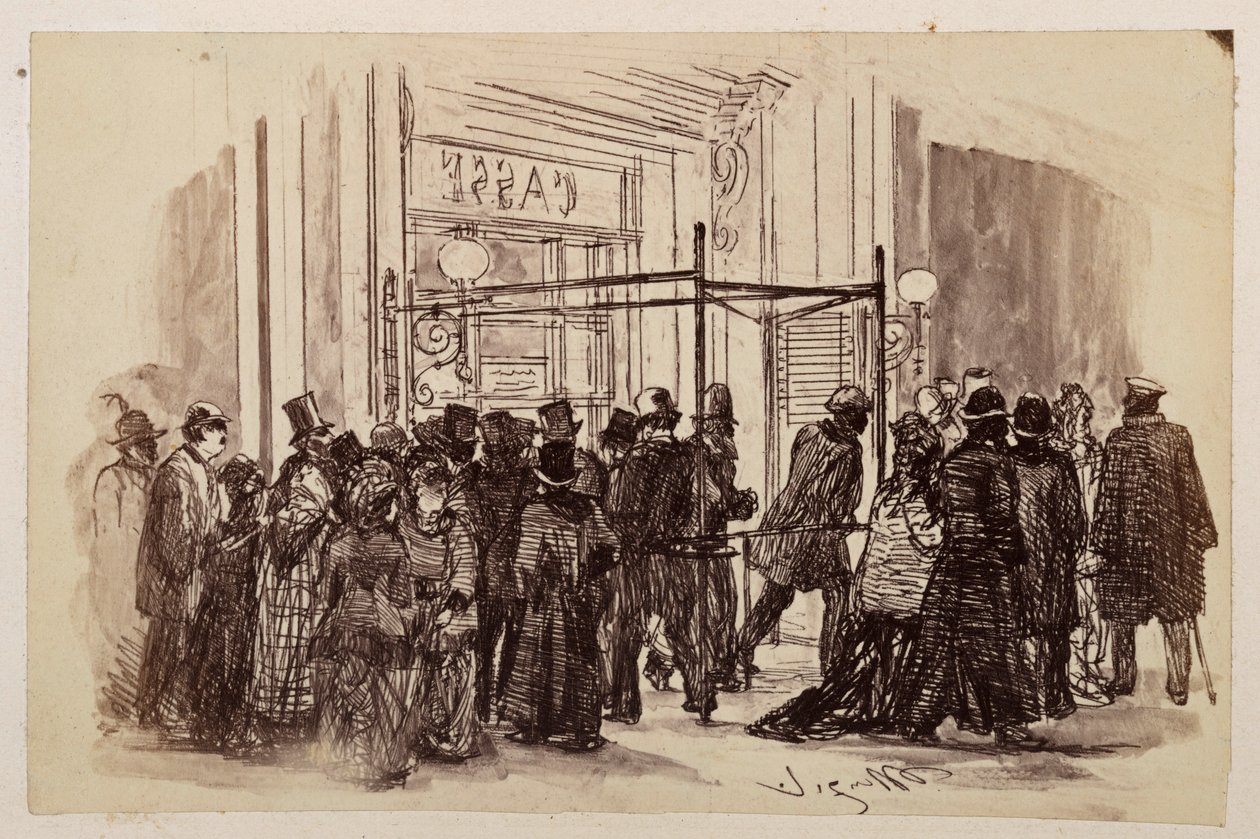 Taquilla del teatro: los espectadores se acercan por la derecha a la taquilla iluminada y se alejan hacia la izquierda, para ver la obra de Heinrich von Kleist «La jarra rota». de Adolph Menzel
