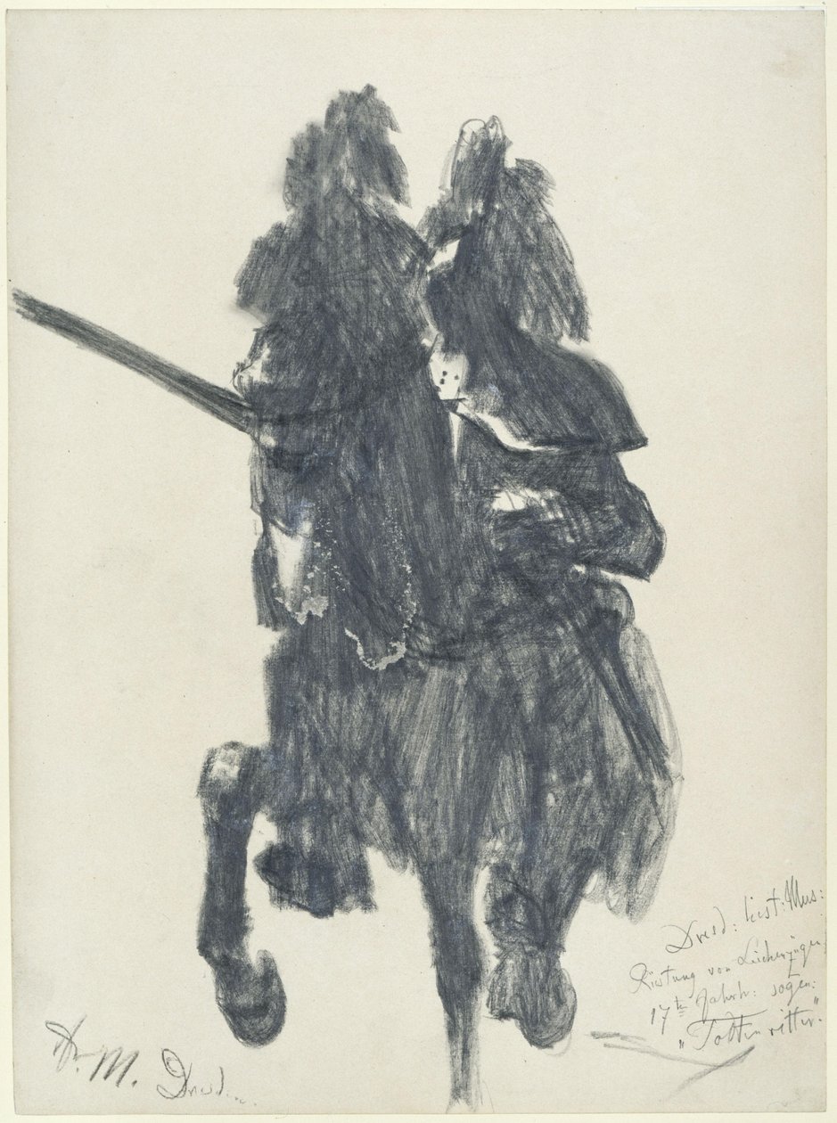 «El caballero de los muertos». Figura de un jinete con armadura de torneo de finales del siglo XVI y lanza, expuesta en el Museo Histórico de Dresde. de Adolph Menzel