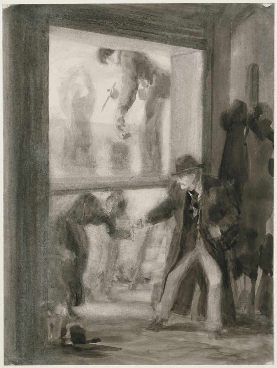 Pintura sobre cristal en la Academia; en primer plano, un señor con sombrero de fieltro que le tiende la mano a una figura femenina encorvada de Adolph Menzel