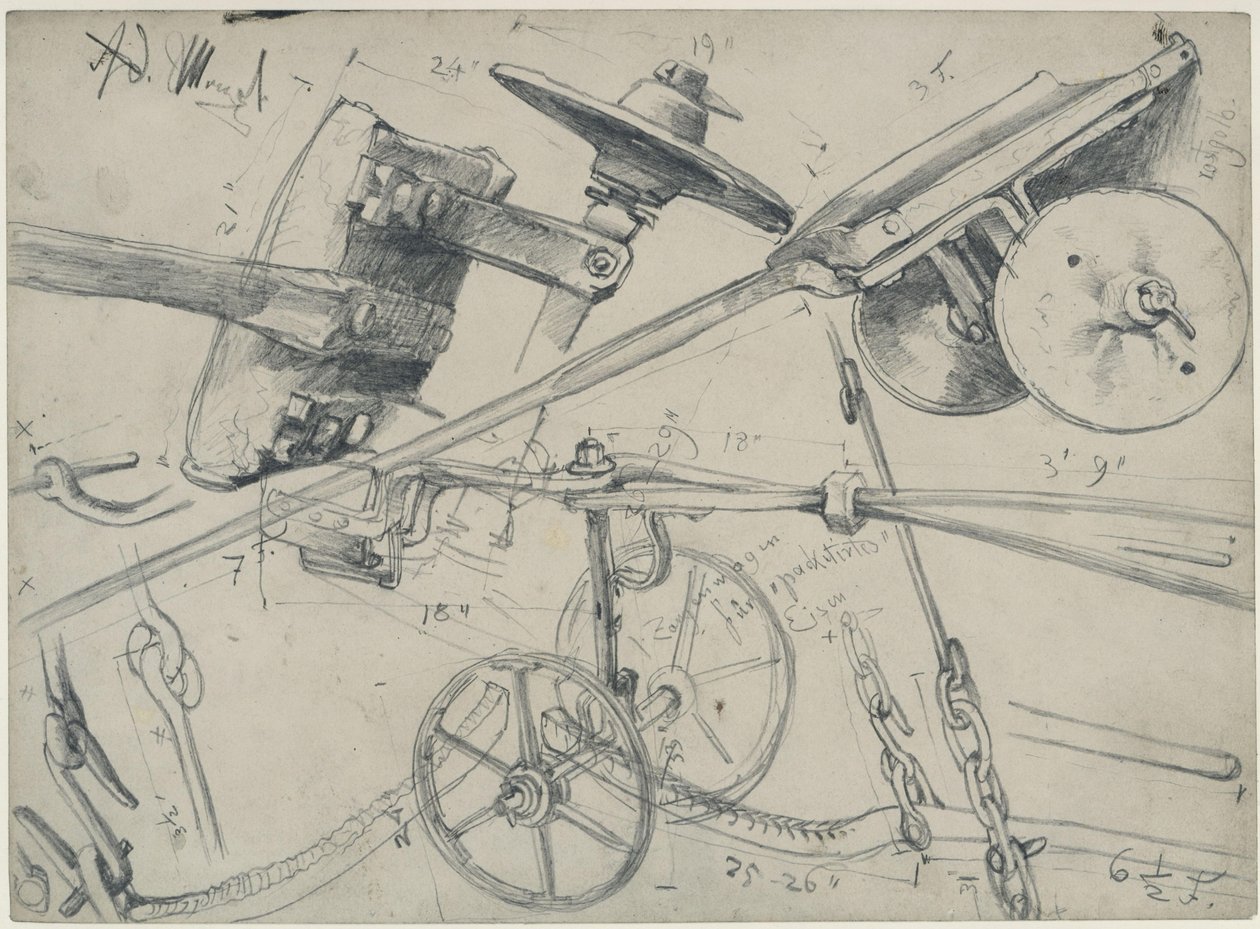 Carro de transporte con detalles y medidas. Estudio para «El laminador de hierro. Cíclopes modernos» de Adolph Menzel