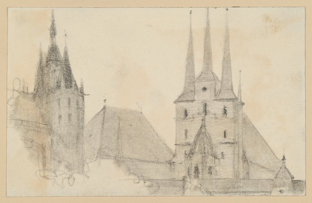 Torres y tejados de la catedral y de San Severino en Erfurt de Adolph Menzel