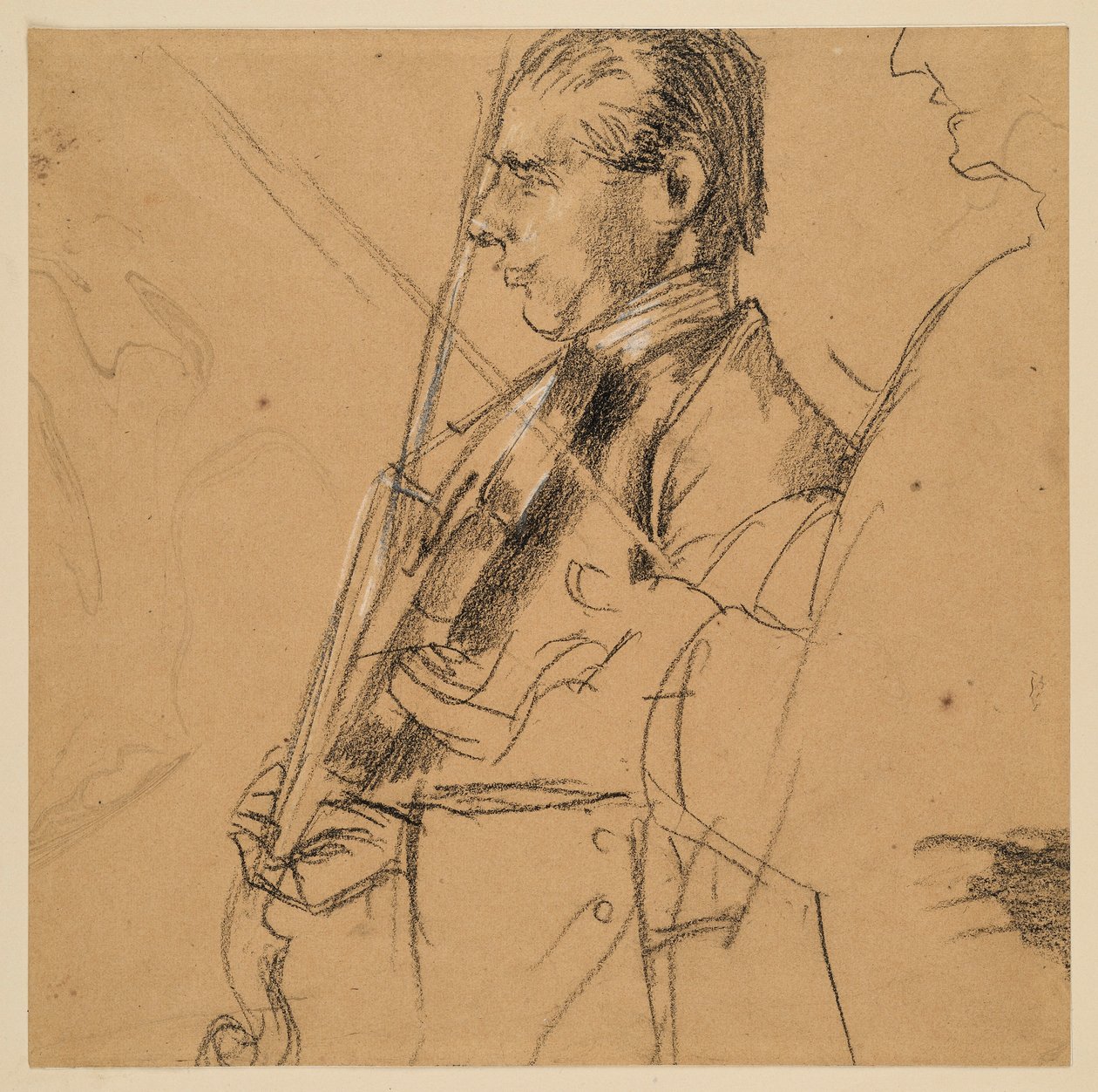 Violinista. Medio cuerpo. De perfil hacia la izquierda. A la derecha, boceto de perfil. Estudio previo al cuadro «Concierto de flauta de Federico el Grande en Sanssouci». de Adolph Menzel