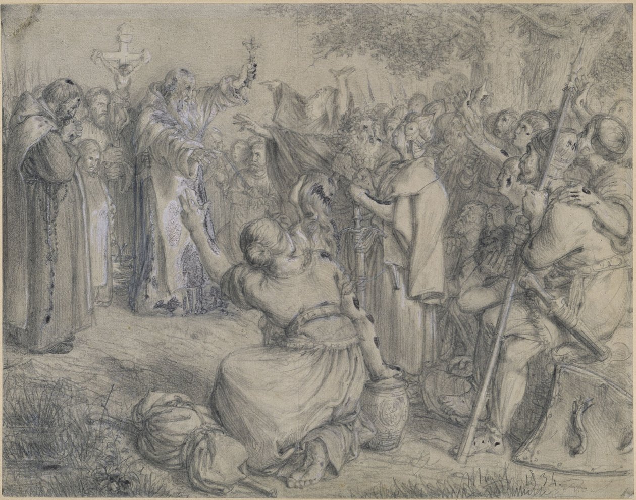 Vizelin predica el cristianismo a los wendos hacia el año 1137. Borrador para las «Memorias de la historia de Brandeburgo y Prusia» de Adolph Menzel
