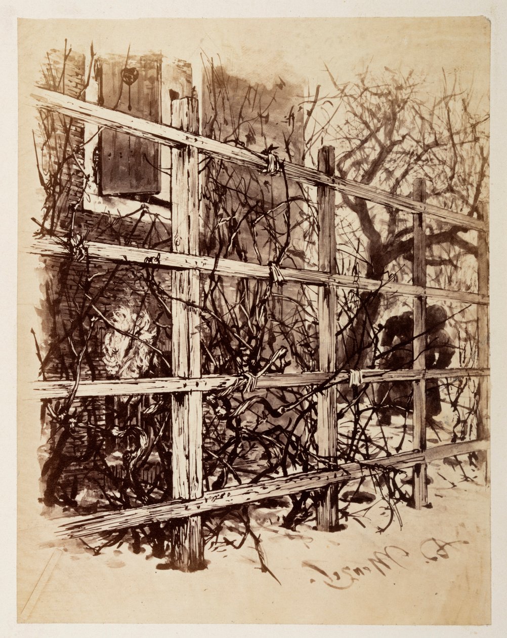 Delante de una casa, un perchero del que cuelga una peluca, inspirada en «La jarra rota», de Heinrich von Kleist. de Adolph Menzel
