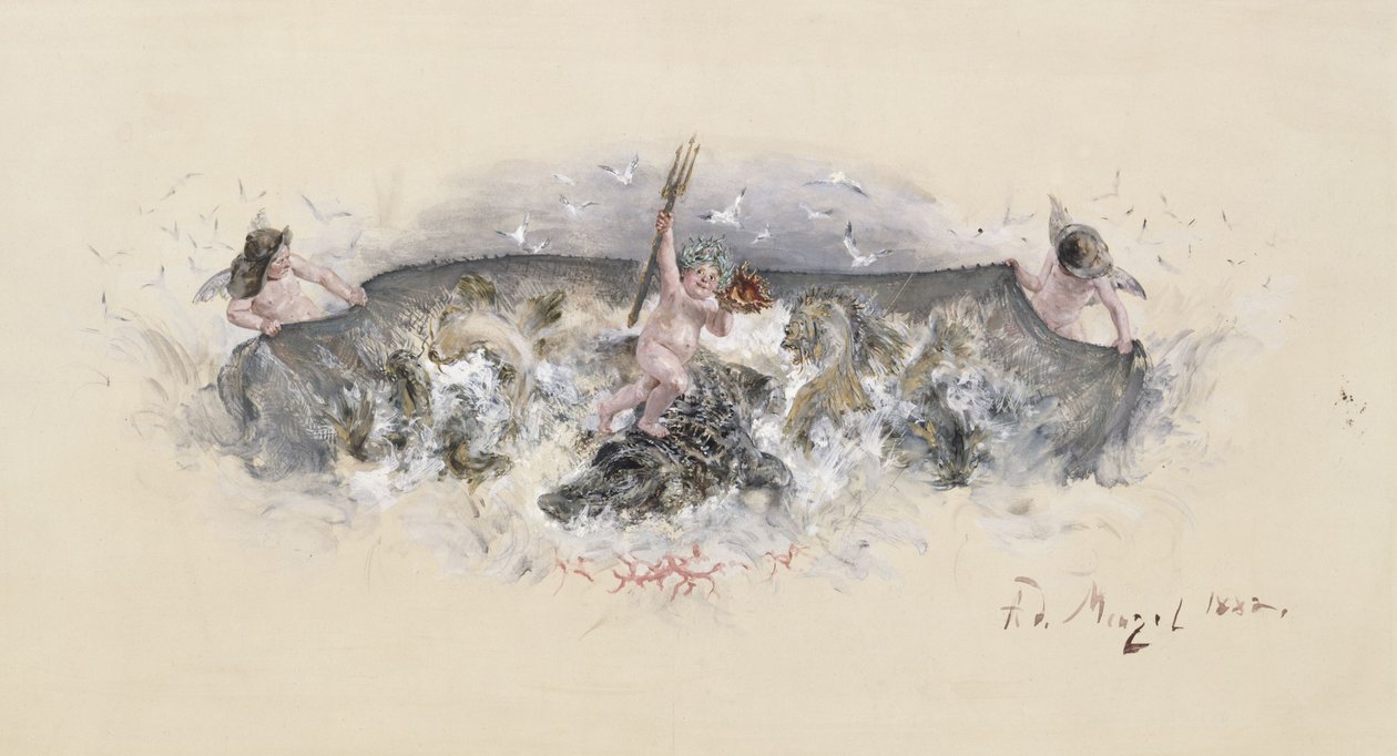 Proyecto para la decoración de la fuente de pescado de la vajilla para las bodas de plata de la pareja del príncipe heredero de Adolph Menzel