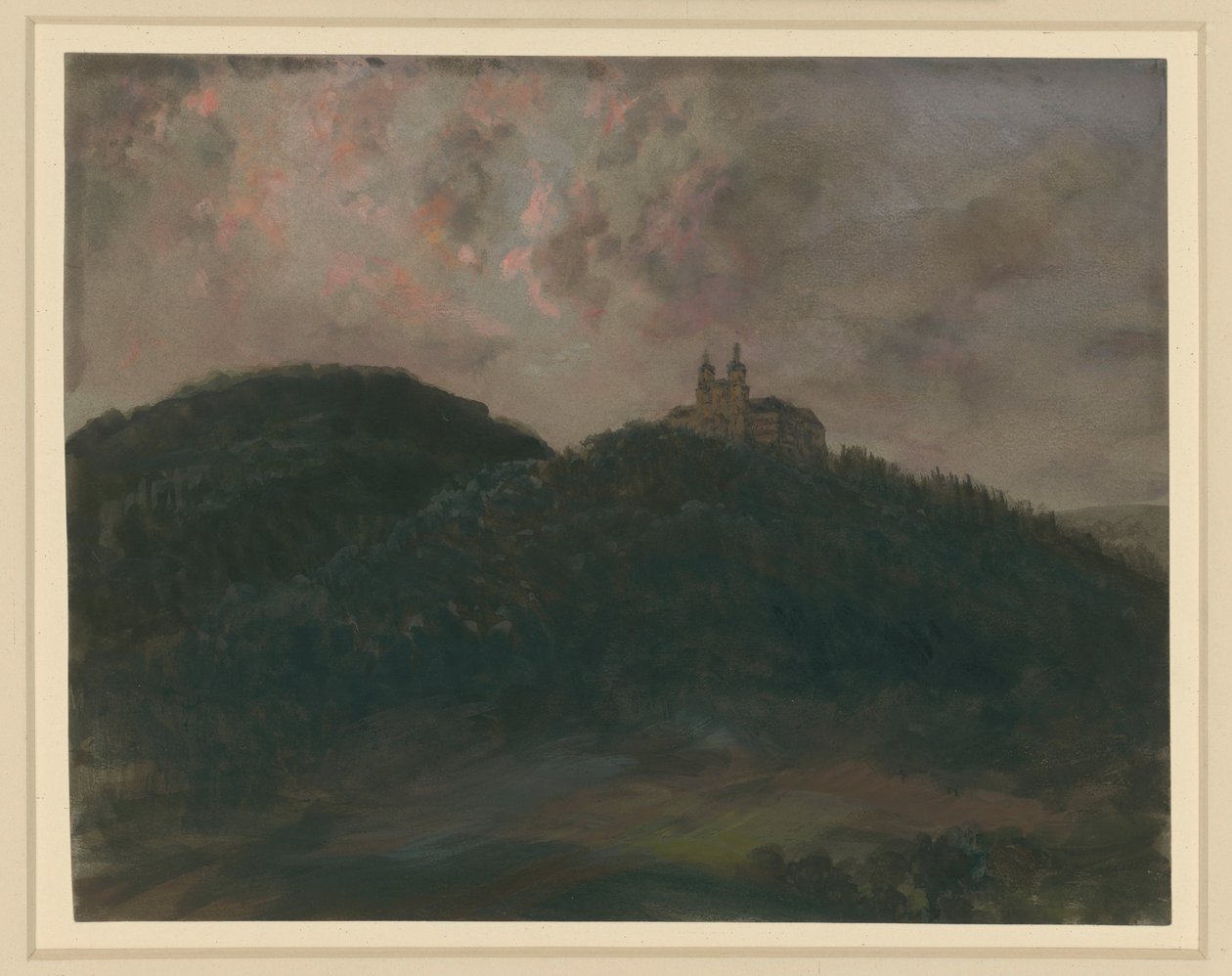 Paisaje montañoso boscoso con el monasterio de Banz, cerca de Lichtenfels, en Baviera, en las alturas de Adolph Menzel