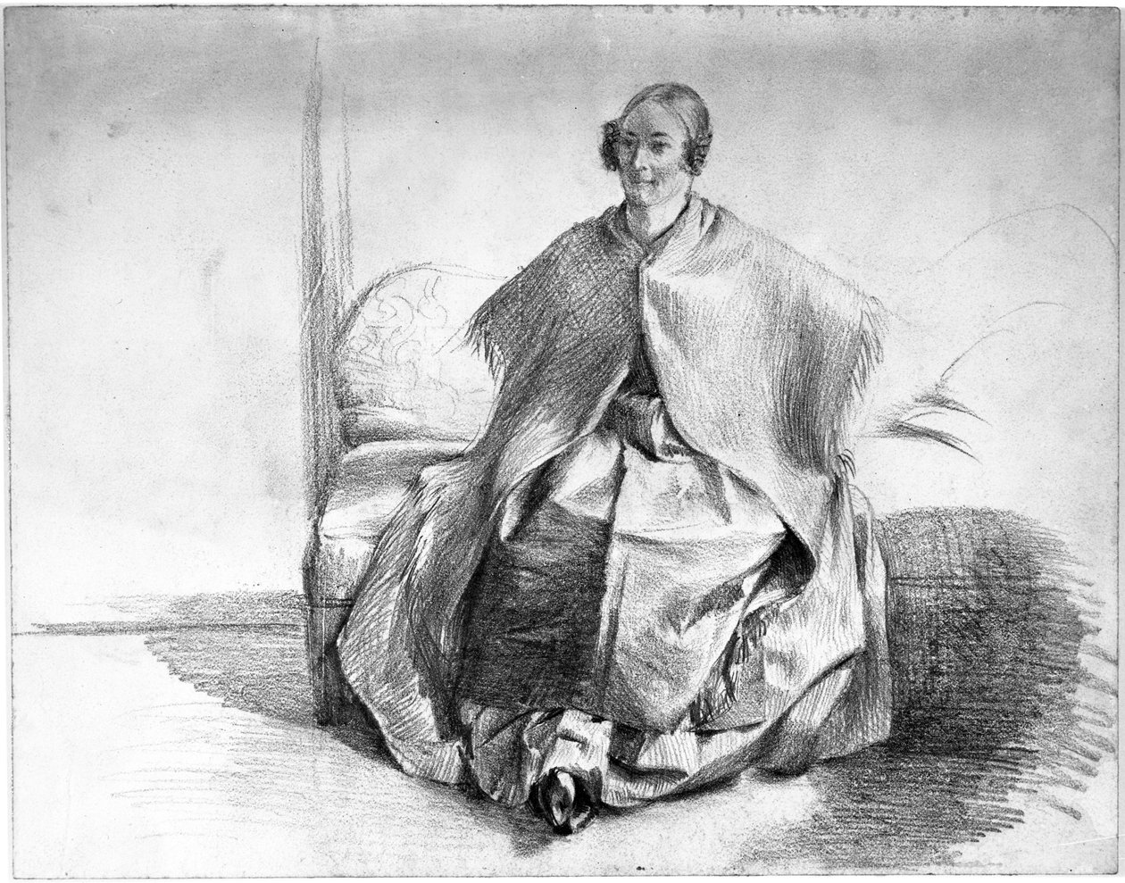 Figura femenina de un disfraz con un pañuelo al cuello, sentada en un sofá de Adolph Menzel