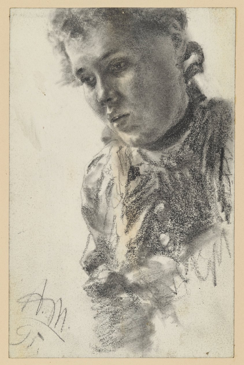 Busto femenino mirando hacia la izquierda, con la cabeza inclinada hacia delante de Adolph Menzel