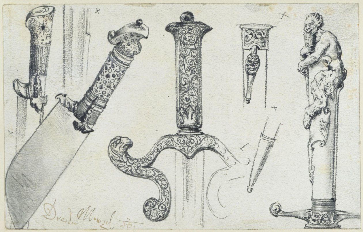Cuchillo de pastoreo de finales del siglo XVI, espada de caza de la primera mitad del siglo XVII y el cuchillo de caza «Permoser» de principios del siglo XVIII, Museo Histórico de Dresde de Adolph Menzel
