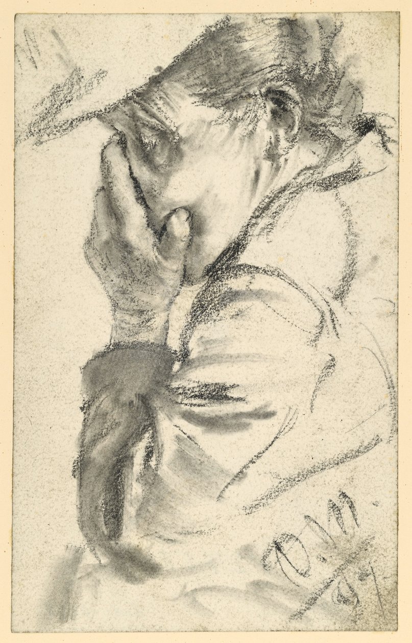 Anciana llorando, con el rostro oculto entre las manos, retrato de medio cuerpo mirando hacia la izquierda de Adolph Menzel