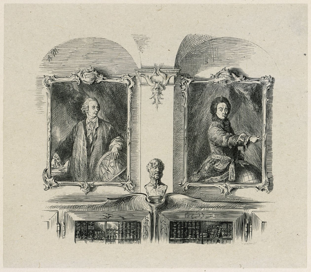 Obras de Federico el Grande. Leonhard Euler y Pierre-Louis de Maupertuis de Adolph Menzel