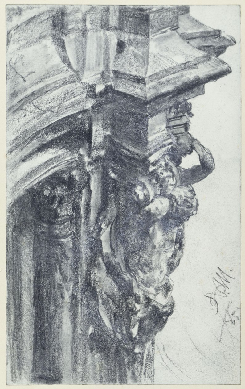 Pareja de estatuas occidentales en el pabellón de la muralla del Zwinger de Dresde, vistas desde la terraza de la muralla de Adolph Menzel