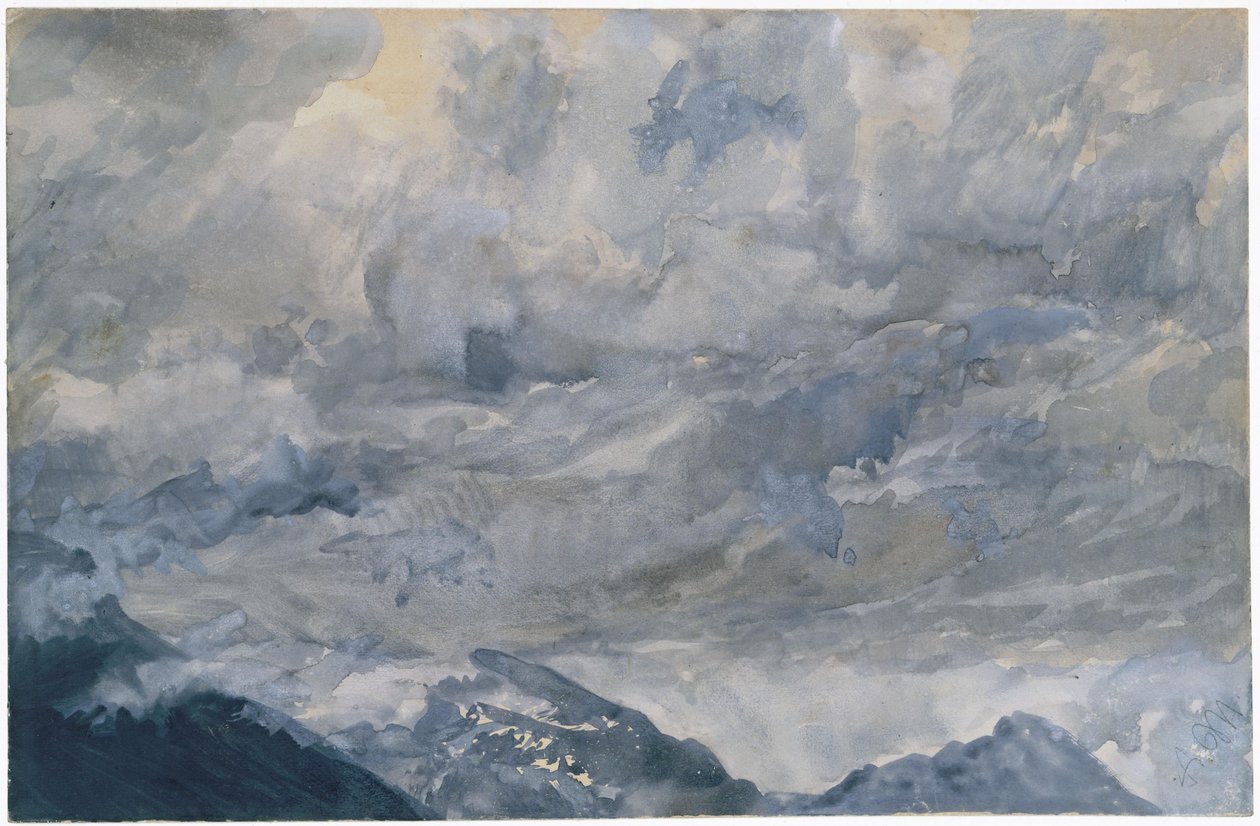Cielo nublado sobre las cimas de las montañas de Adolph Menzel