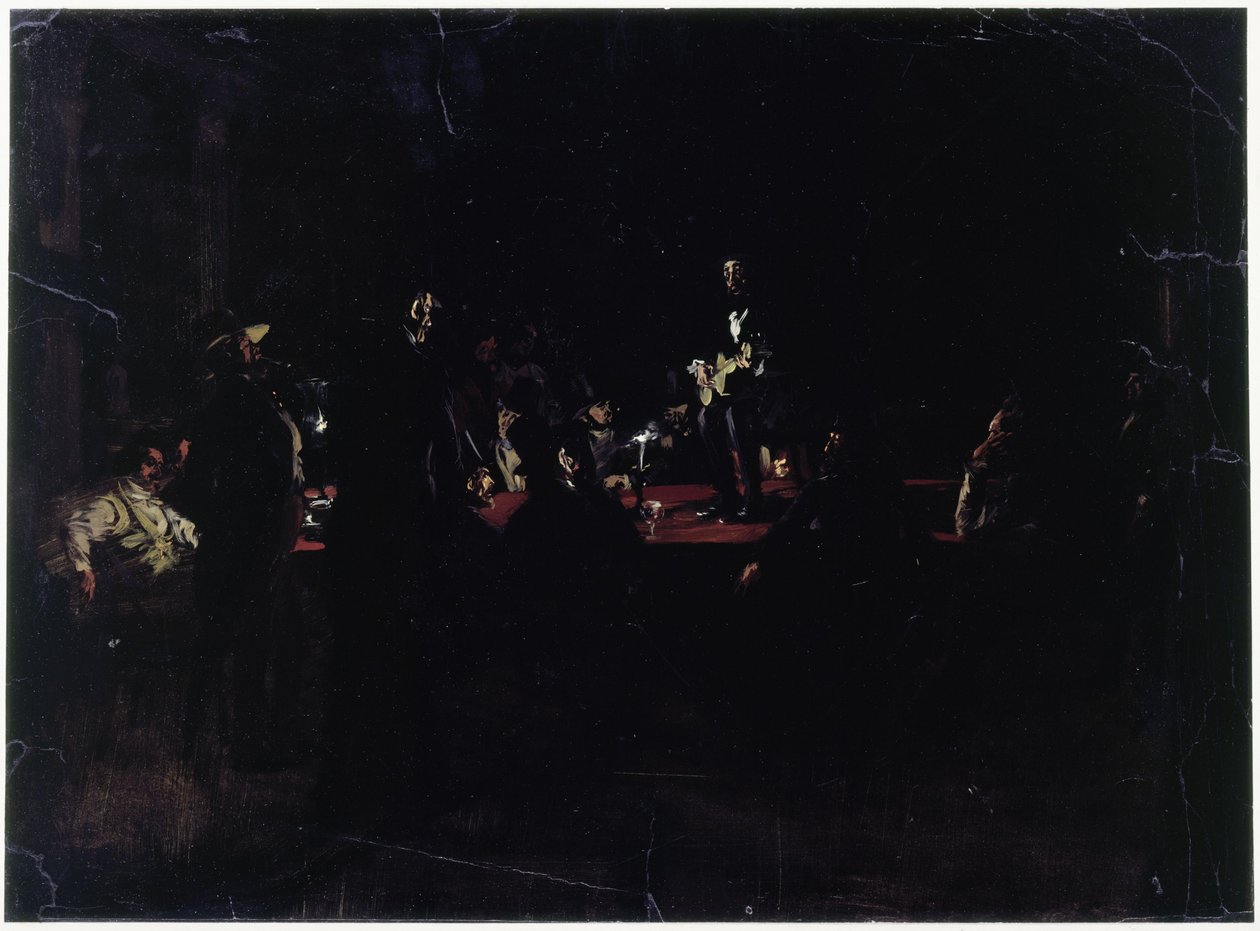 Unos comensales alrededor de una gran mesa y un cantante de Adolph Menzel