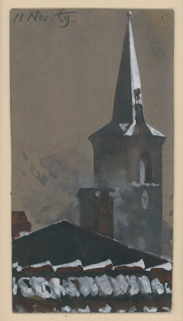 Tejado de tejas y torre de iglesia, cubiertos de nieve de Adolph Menzel