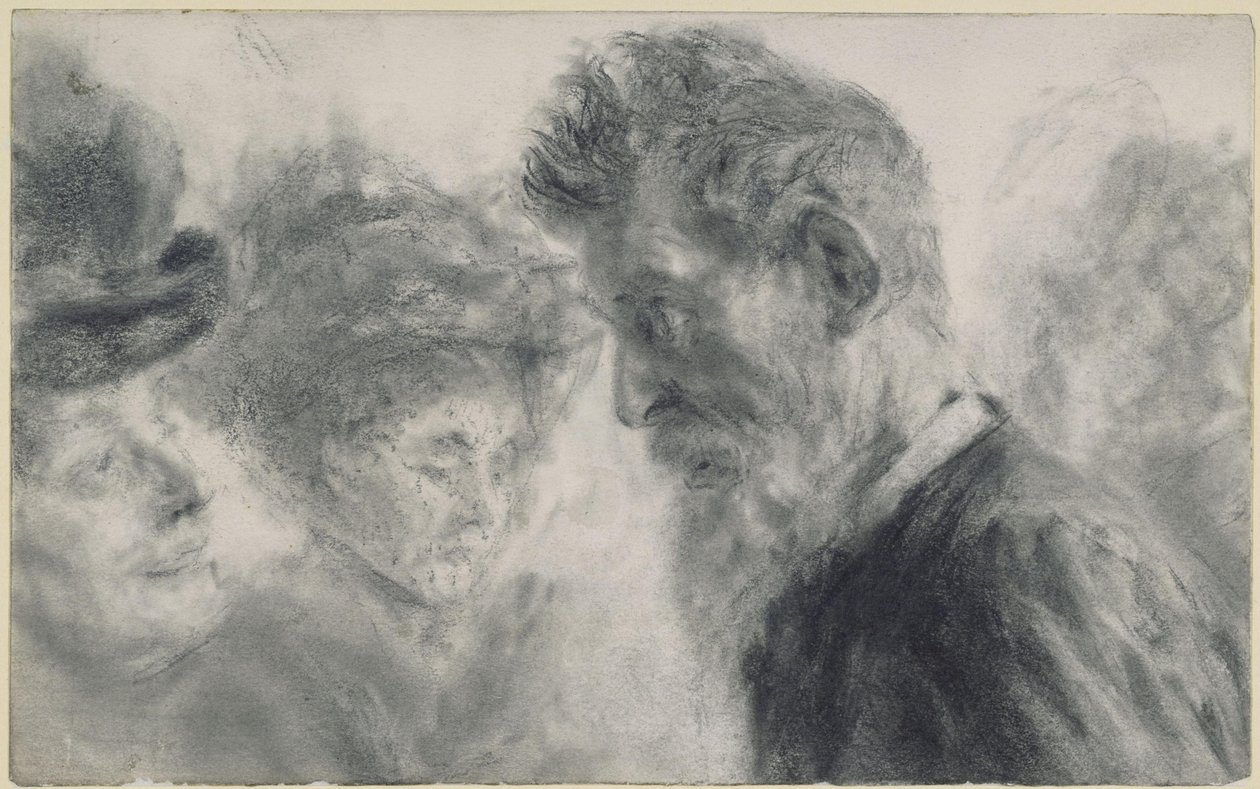 Dos mujeres con sombrero y un señor con barba de Adolph Menzel