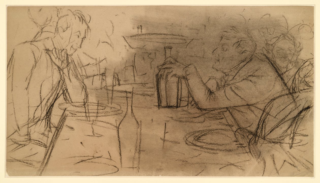 Dos caballeros sentados uno frente al otro en la mesa de una taberna, conversando de Adolph Menzel