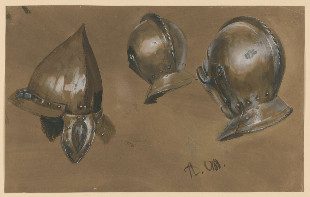 Dos armaduras de cabeza y un casco de Adolph Menzel