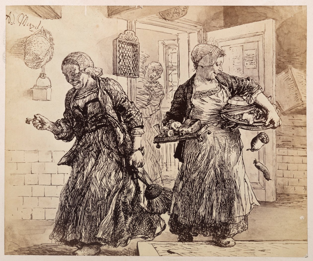 Dos criadas se acercan riendo con bandejas de comida, cuencos, etc. El juez del pueblo, que está al fondo de la sala revisando una pila de expedientes, les regaña, según la obra de Heinrich von Kleist «La jarra rota». de Adolph Menzel