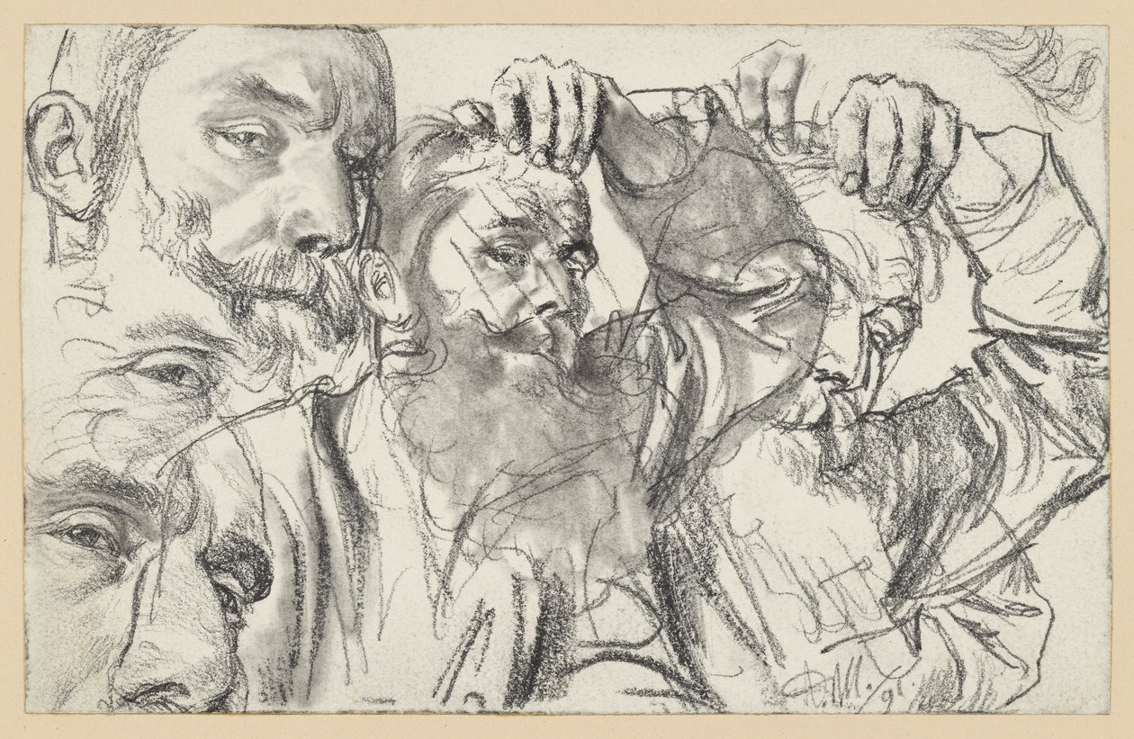 Dos estudios de un hombre barbudo que se toca la frente con la mano izquierda; el rostro aparece repetido dos veces de Adolph Menzel