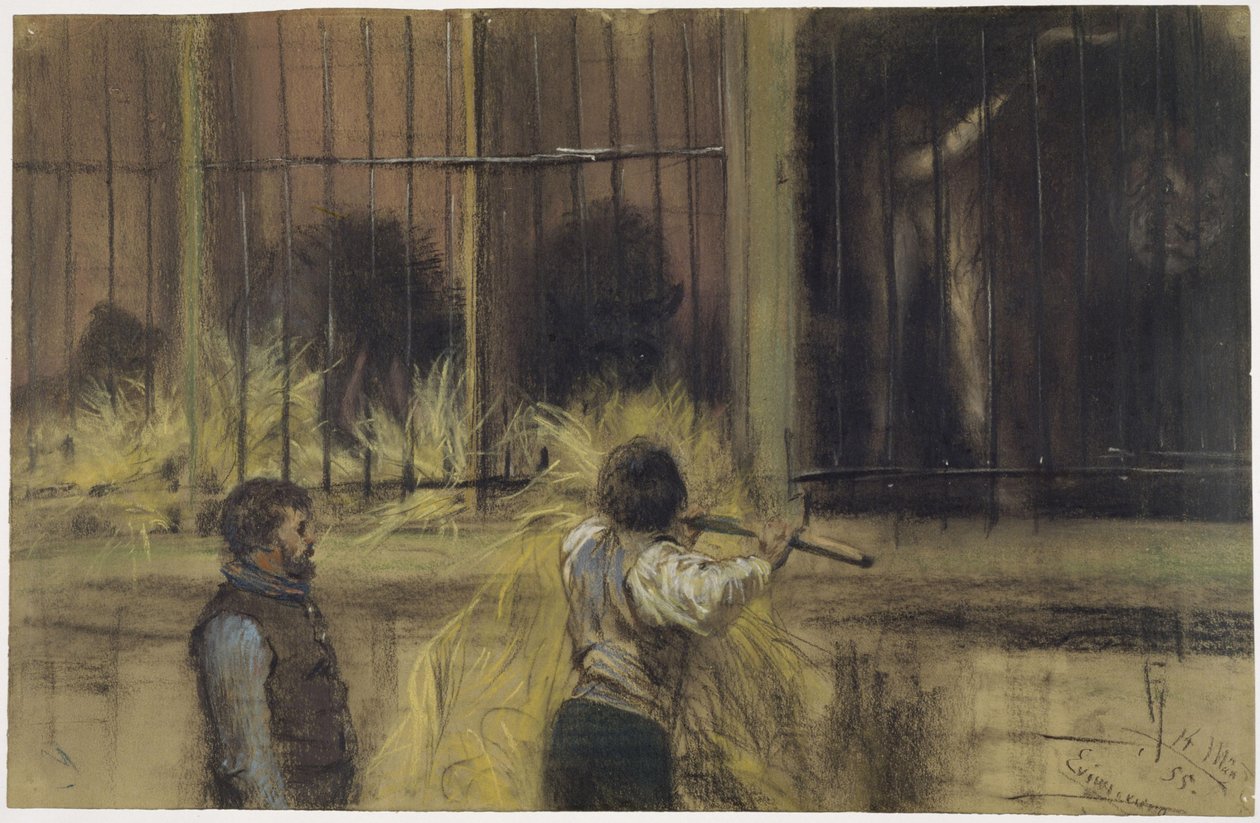 Dos cuidadores de animales frente al recinto de los depredadores de Adolph Menzel