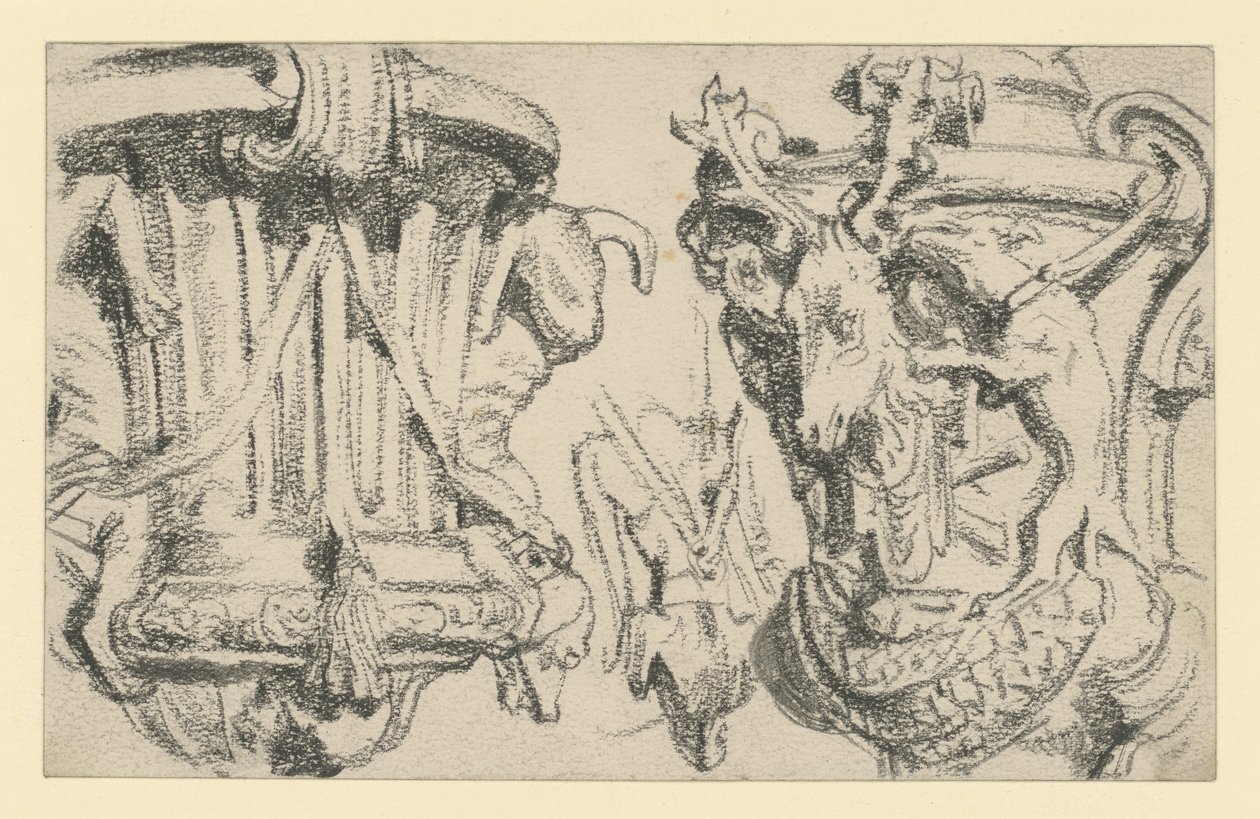 Dos jarrones sobre la balaustrada de la terraza del castillo de Moritzburg, cerca de Dresde de Adolph Menzel