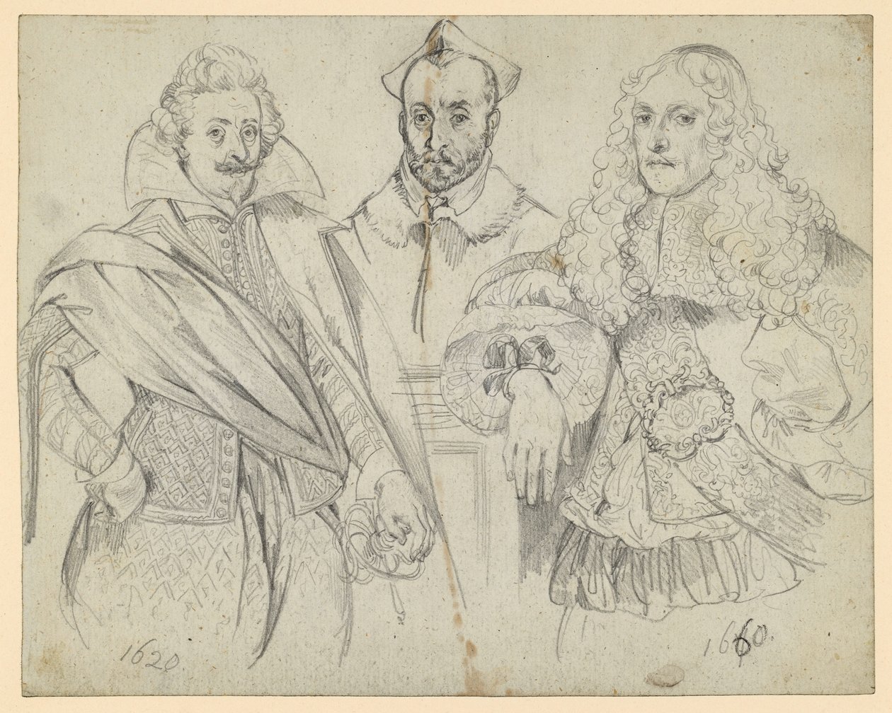 Dos dignatarios de 1620 y 1660; en el centro, un cardenal. Copias de representaciones históricas de Adolph Menzel