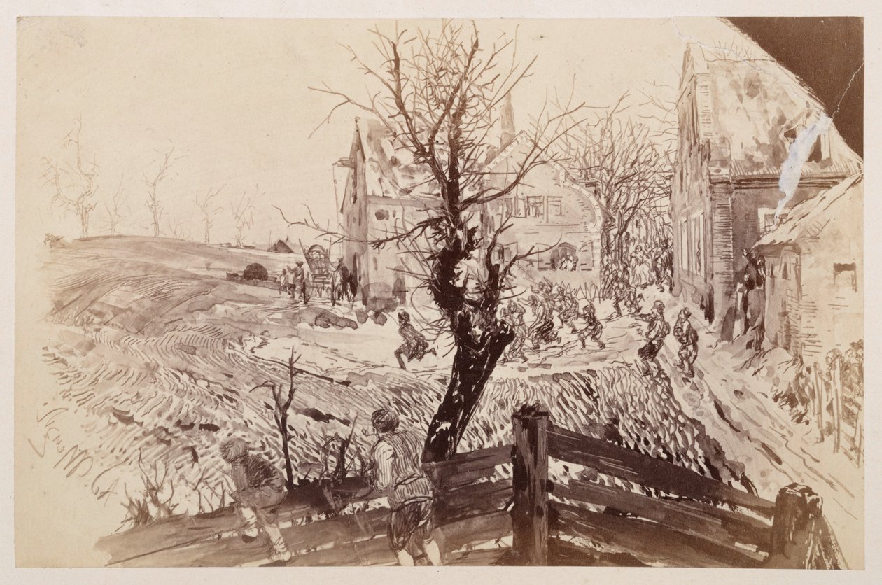 Entre las últimas casas del pueblo irrumpe la multitud para perseguir al fugitivo Adán, al que se ve alejarse apresuradamente con su bastón, para «El cántaro roto» de Heinrich von Kleist de Adolph Menzel