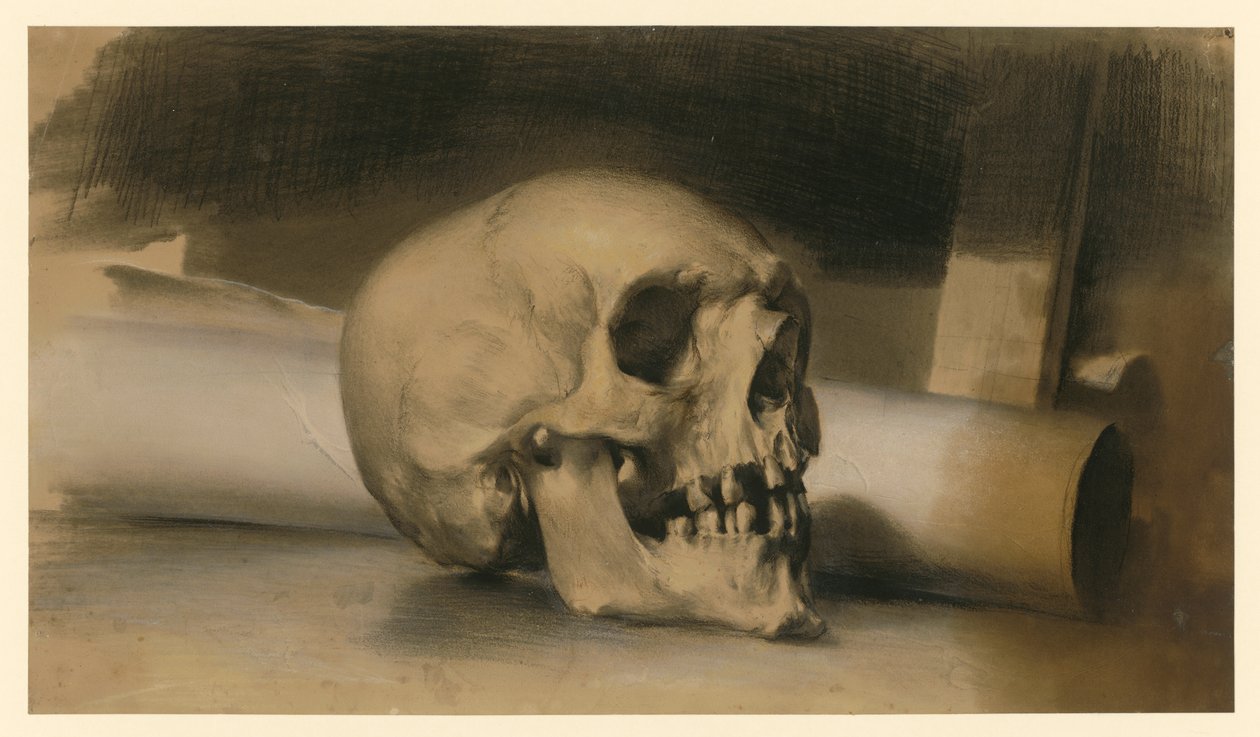 cráneo humano a la derecha, con un rollo de papel detrás de Adolph Menzel