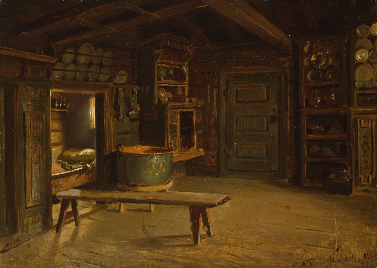 Interior de una granja de Gulsvik, en Hallingdal de Adolph Tidemand