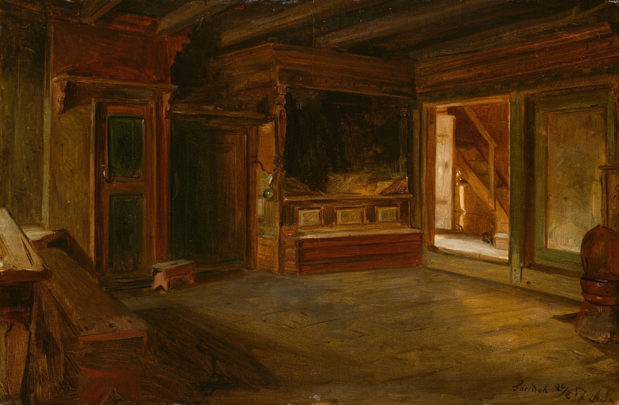 Interior de granja de Sandak de Adolph Tidemand