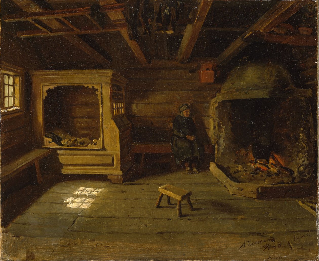 Interior de una granja de Skjønne, en Numedal de Adolph Tidemand
