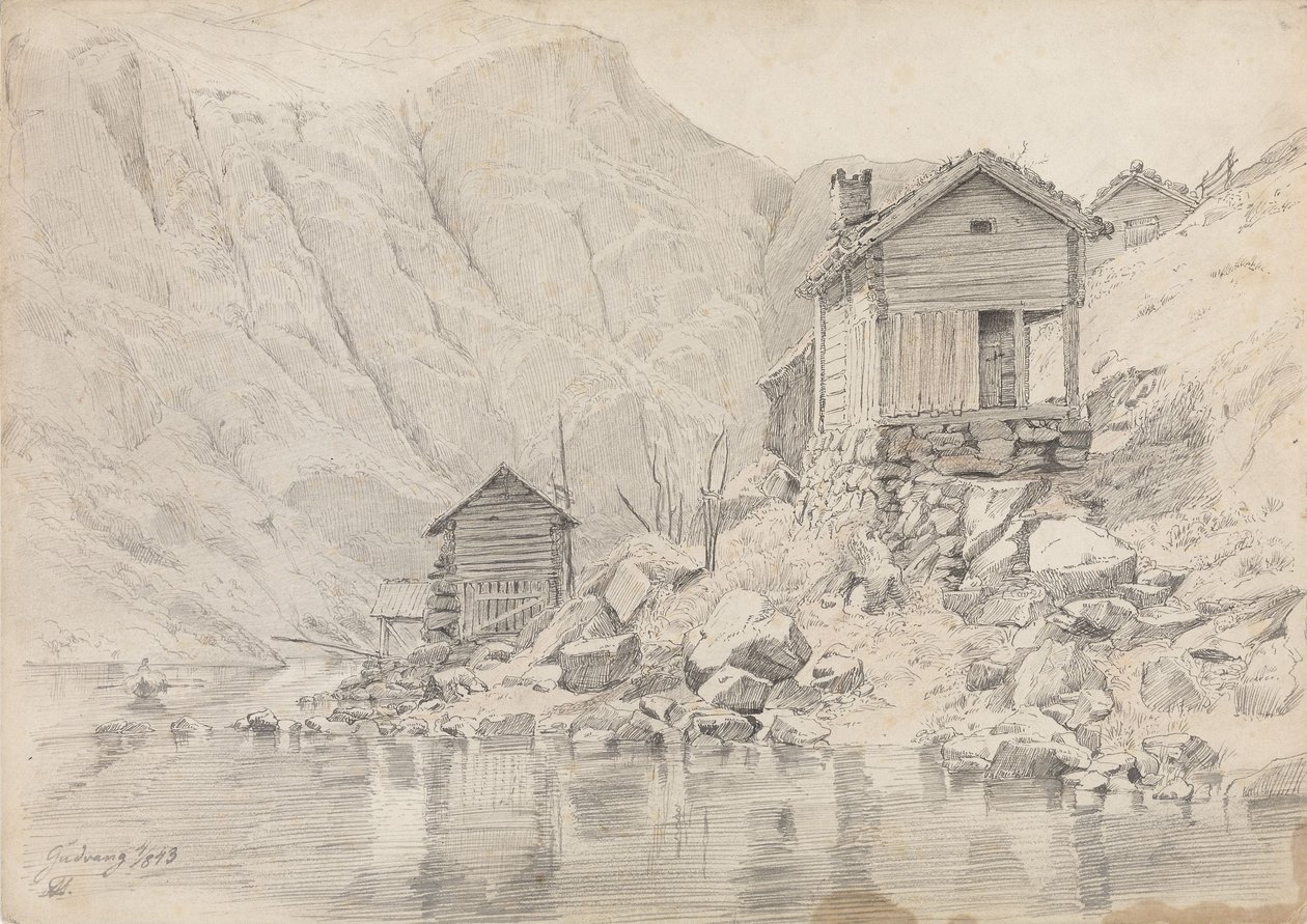Casa junto a la playa, Gudvangen de Adolph Tidemand