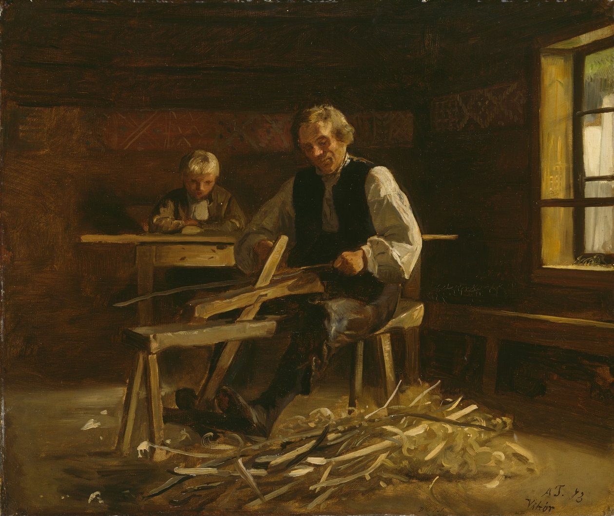 Interior de Vikøy con un campesino fabricando aros para barriles de Adolph Tidemand