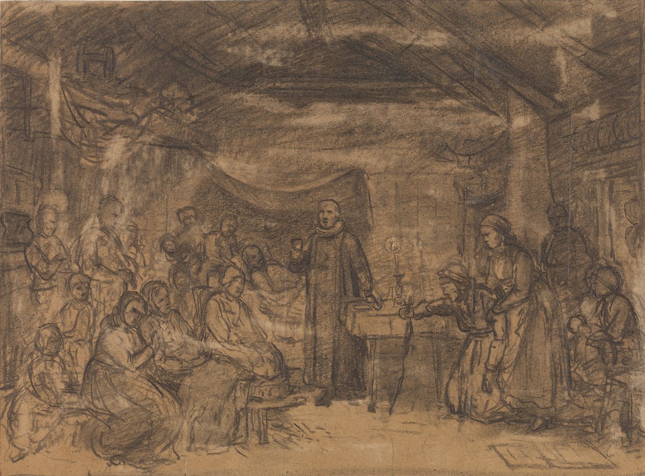 Sacerdote distribuyendo la comunión en un interior campesino de Adolph Tidemand