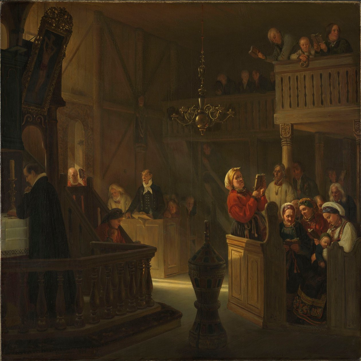Servicio religioso en una iglesia rural noruega de Adolph Tidemand