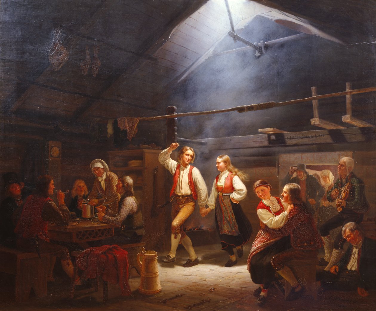 Domingo por la tarde en un fumadero de Hardangersk (pintura) de Adolph Tidemand