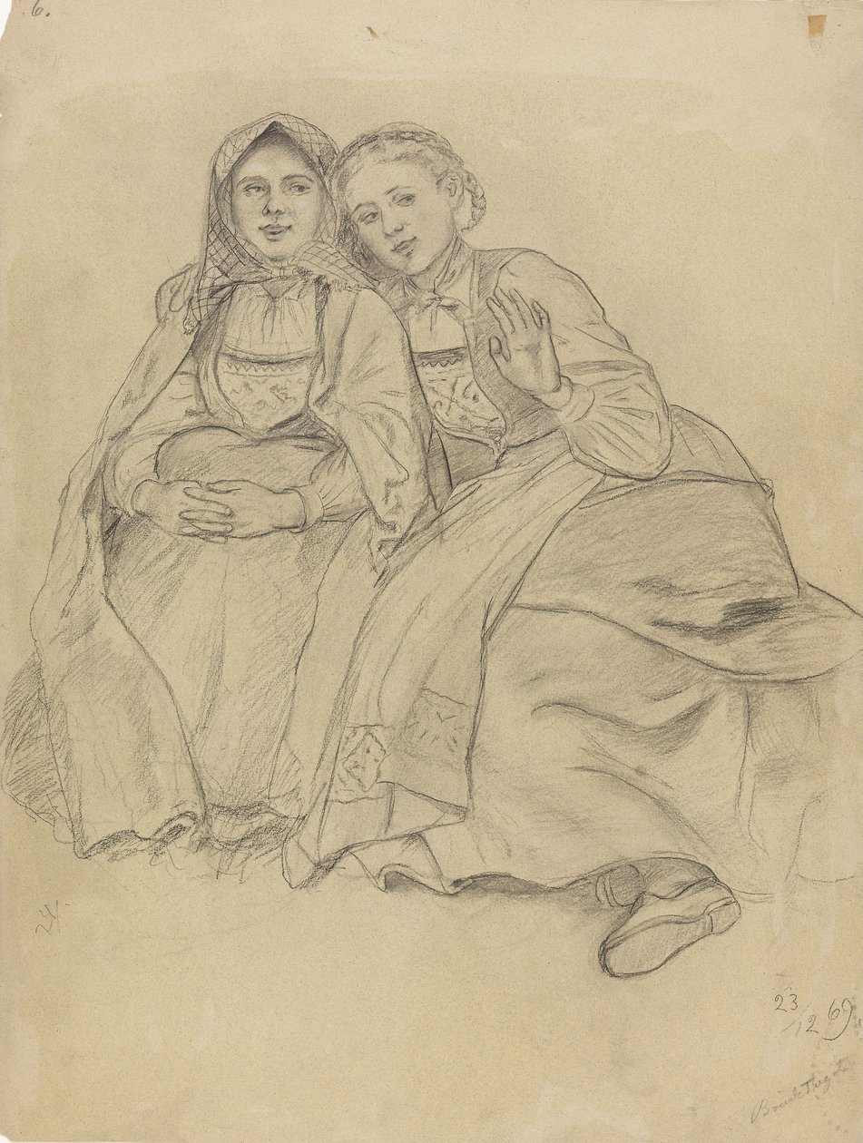 Dos niñas sentadas con traje bunad de Adolph Tidemand