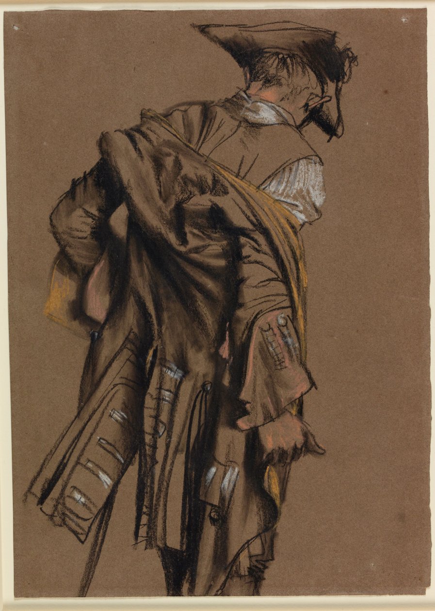 Modelo del artista, vista desde atrás, poniéndose un uniforme del siglo XVIII de Adolph Menzel