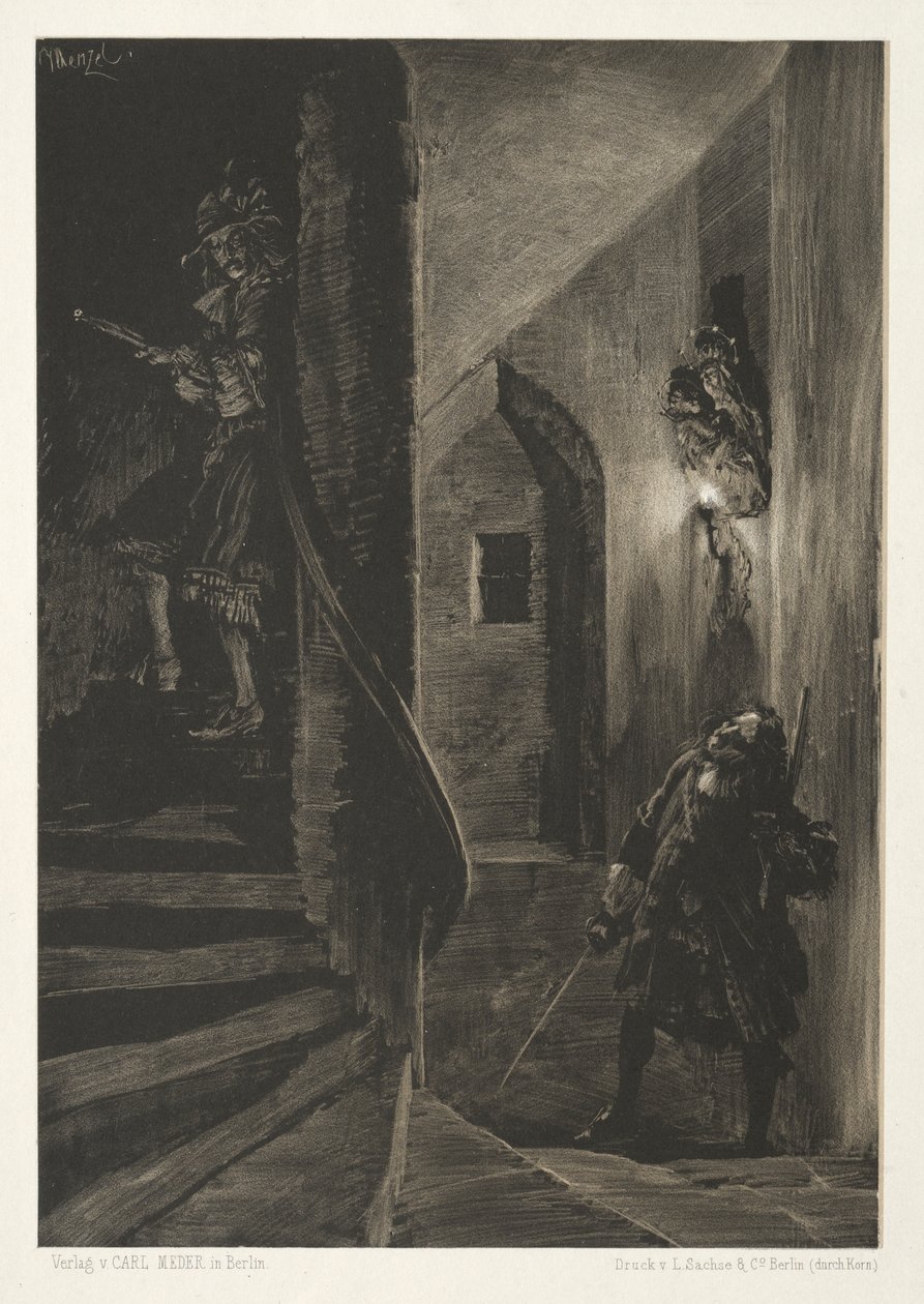 Ensayo sobre piedra con pincel y raspador: Persecución en la escalera de caracol de Adolph Menzel