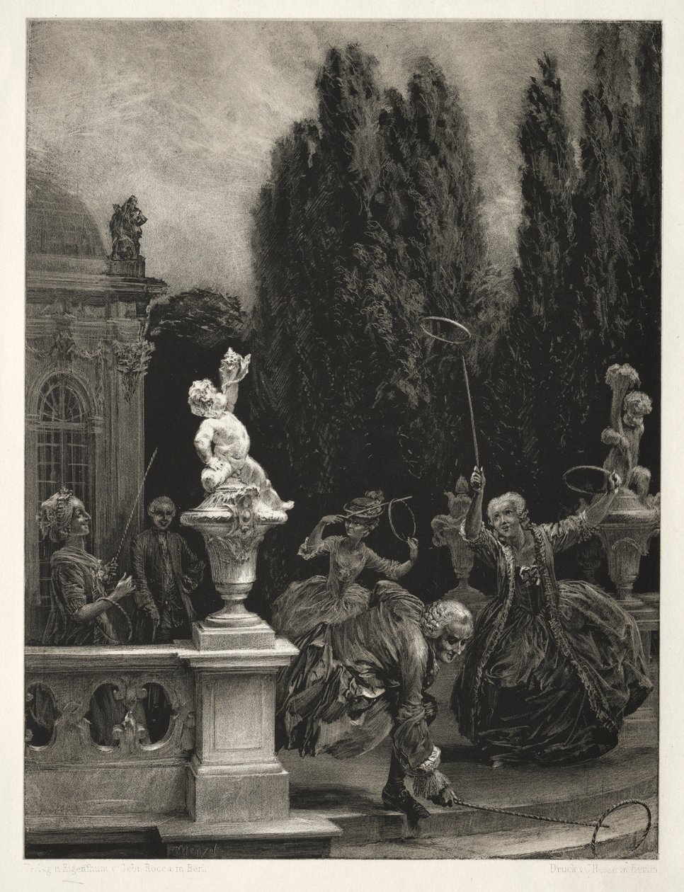Ensayo sobre Piedra con Pincel y Raspador: Jugando a los Aros en la Terraza del Castillo de Adolph Menzel
