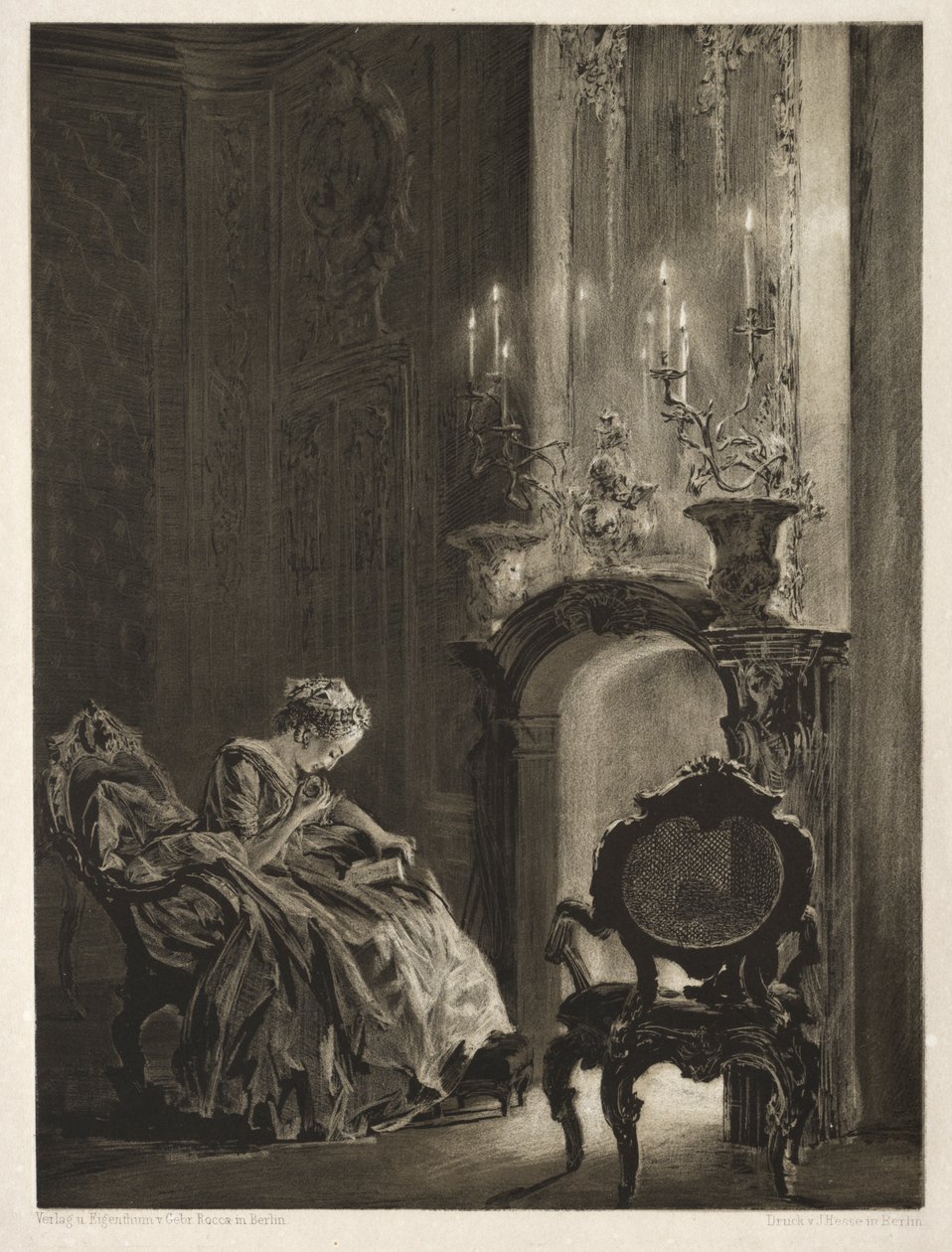 Ensayo sobre piedra con pincel y raspador: Mujer leyendo junto a la chimenea de Adolph Menzel