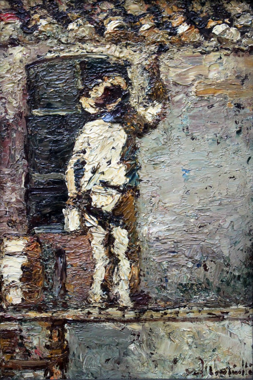 Un pintor trabajando en la pared de una casa de Adolphe Joseph Thomas Monticelli