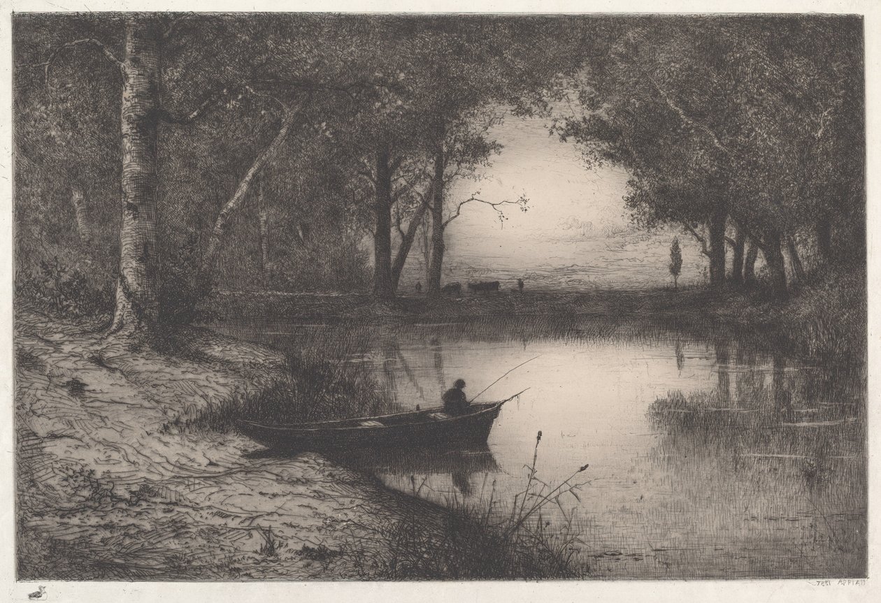 Un pescador en un estanque boscoso al atardecer de Adolphe Appian