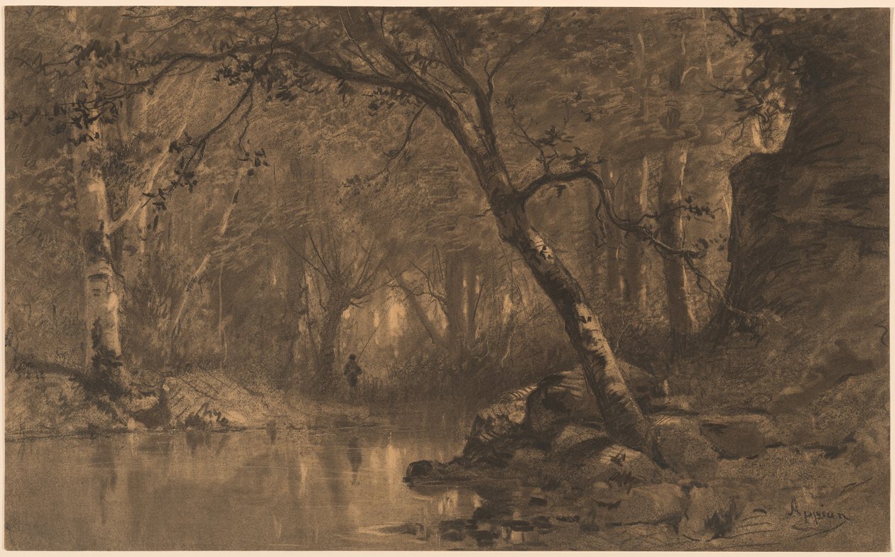 Un río en el bosque con un pescador de Adolphe Appian
