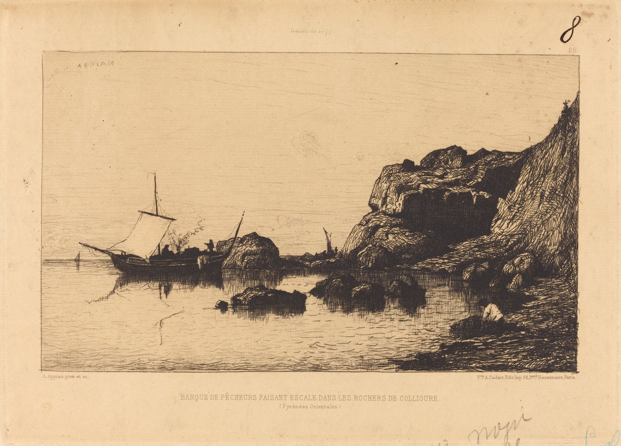 Barca de pescadores haciendo escala en las rocas de Collioure de Adolphe Appian